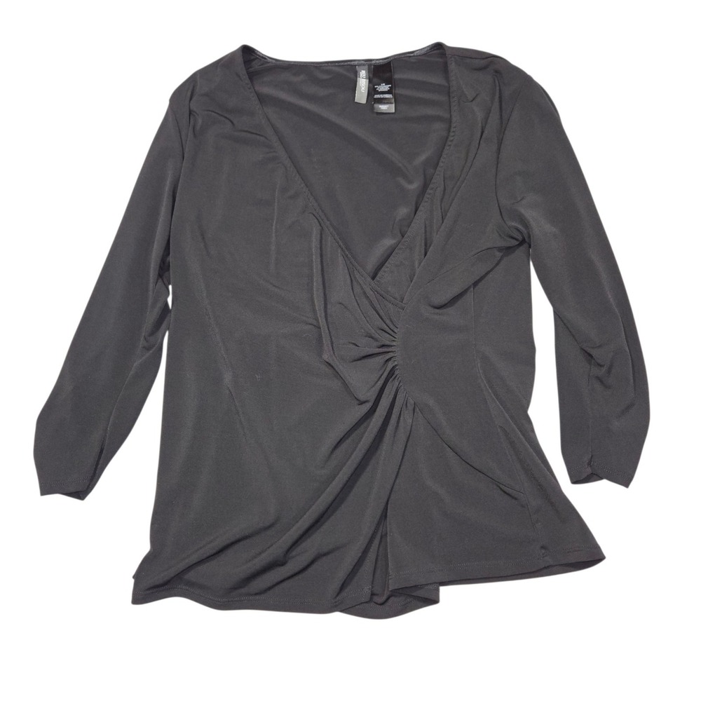 Bisou Bisou Michelle Bohbot Ruched Surplice V-Neck Top Black Sz L